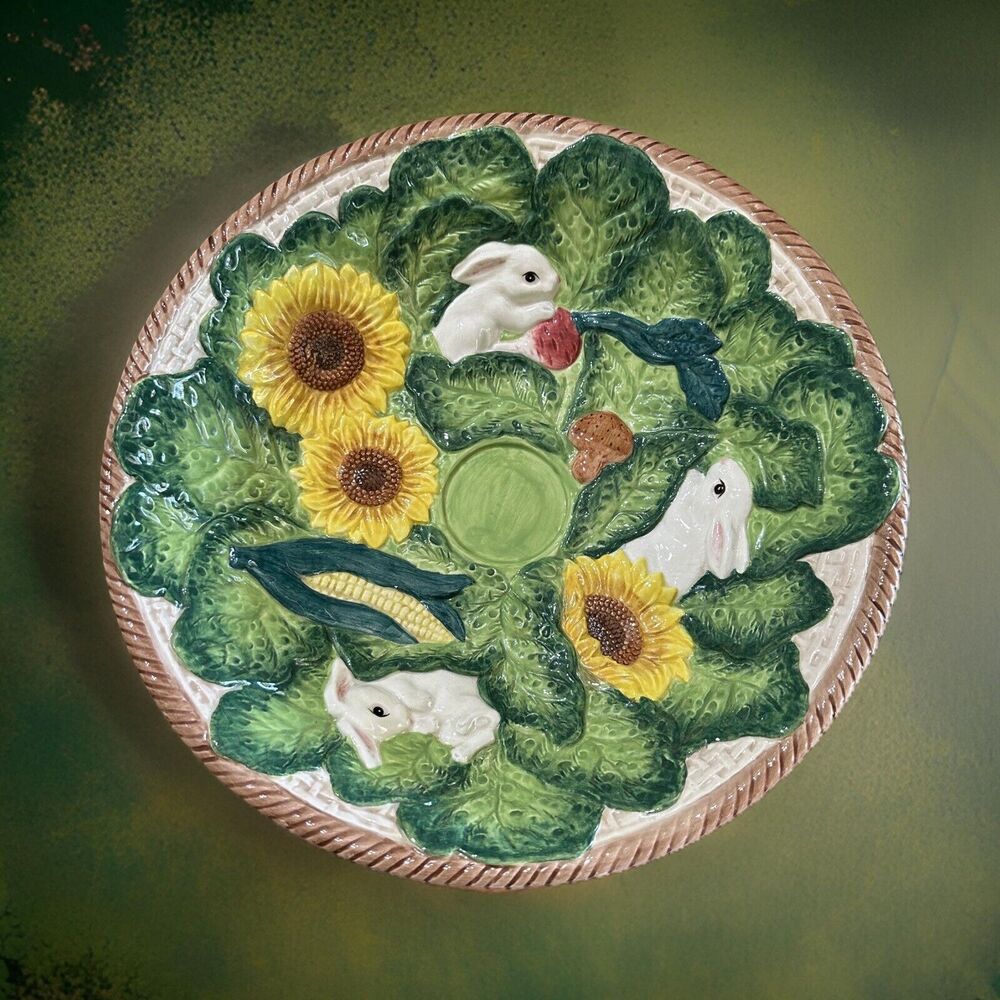 Large Bunny Banquet 13" Ceramic Bowl by The Strata Group Majolica Style